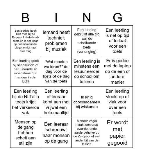 Toetsweekbingo Card