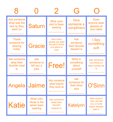 802 Get to know you Bingo Card
