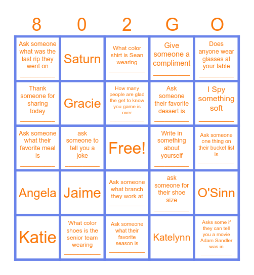802 Get to know you Bingo Card