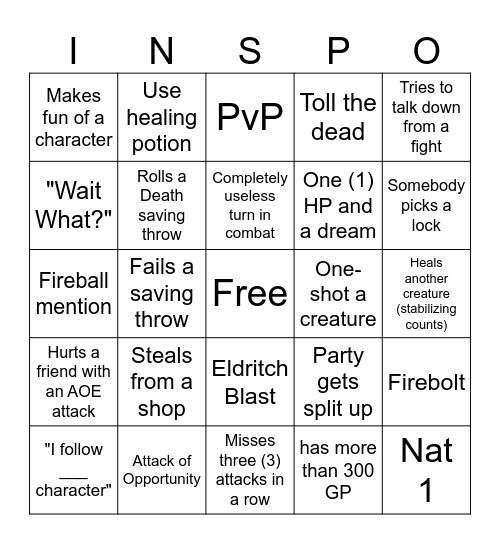 D&D Inspiration Bingo Card