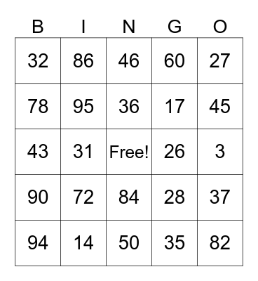 number bingo Card