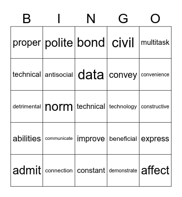 English 3D - Texting Bingo Card