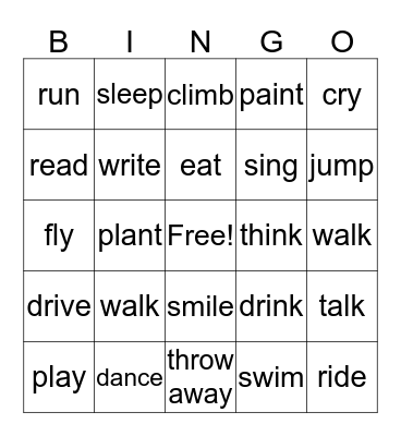 Action verbs Bingo Card