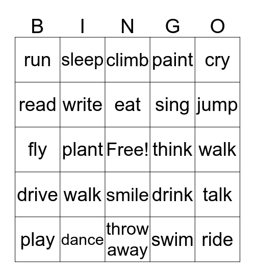 Action verbs Bingo Card