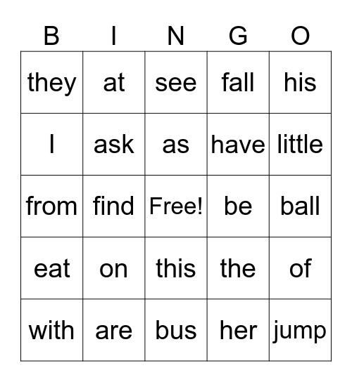 SIGHT WORD BINGO Card