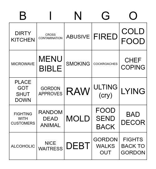 kitchen nightmares Bingo Card