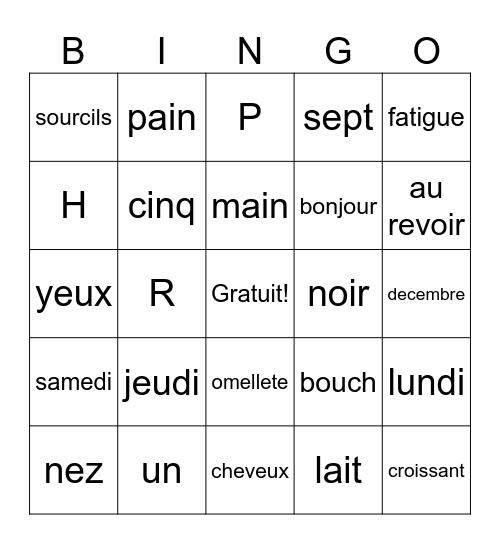 French Bingo Card