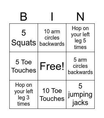 Fitness Bingo Card