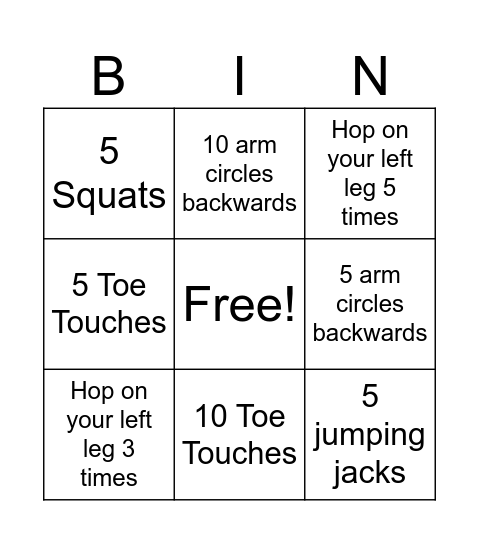 Fitness Bingo Card