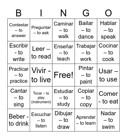 REGULAR VERBS BINGO Card