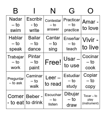 REGULAR VERBS BINGO Card