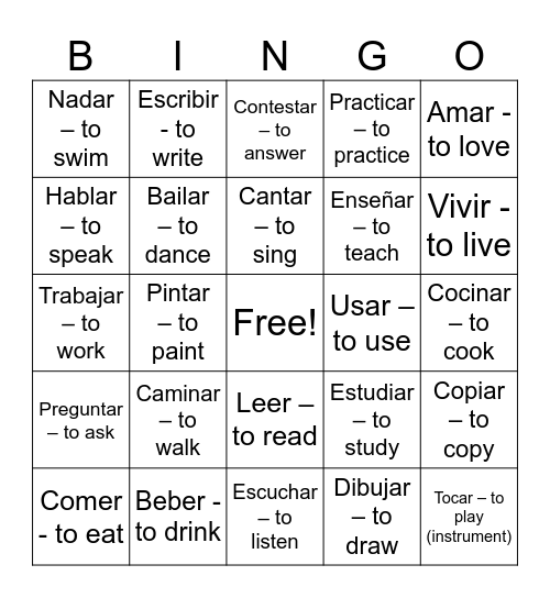 REGULAR VERBS BINGO Card