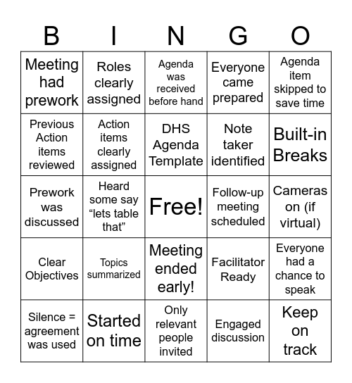 Meaningful Meeting Bingo Card