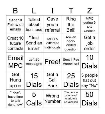 Sales Blitz Bingo Card