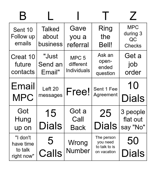 Sales Blitz Bingo Card