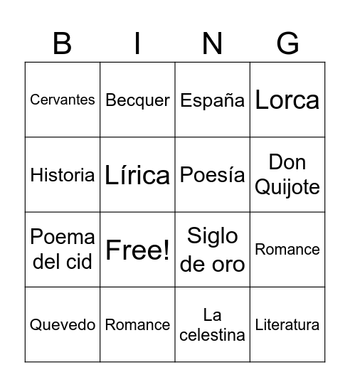 Literatura Española Bingo Card