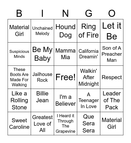 Greatest Hits Bingo Card