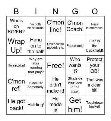 Youth Football Bingo Card