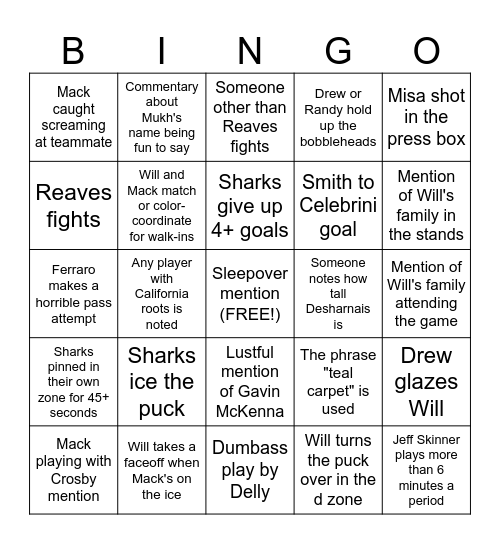 Sharks Opening Night Bingo Card