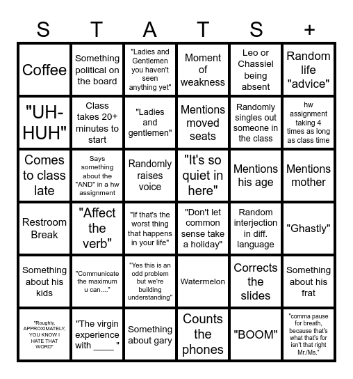 Stats Bingo Card