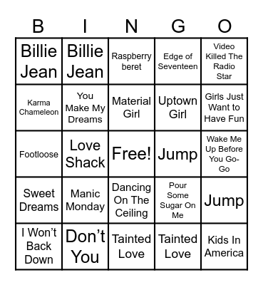 80s Music Bingo Card