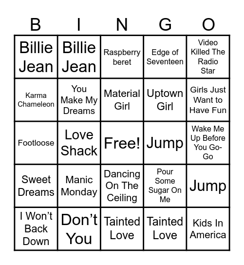 80s Music Bingo Card