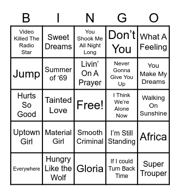 80s Music Bingo Card