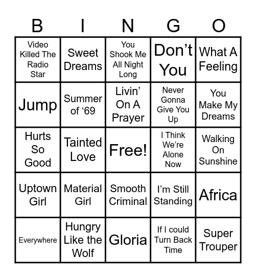 80s Music Bingo Card