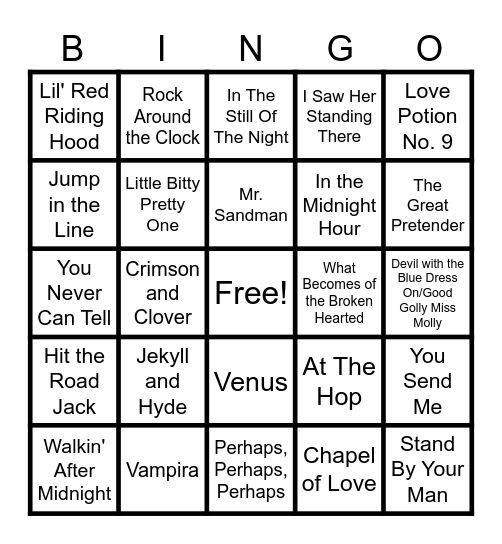 MUSIC BINGO at the Ann Arbor Eagles!  50s and 60s Halloween Sock Hop! 🧦🎶🦇🎃 Bingo Card