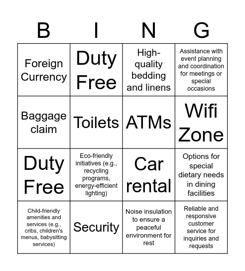 Facilities and Services Bingo Card