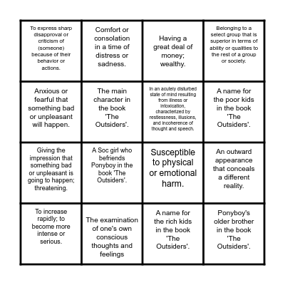 The Outsiders Bingo Card
