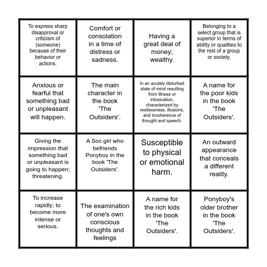 The Outsiders Bingo Card