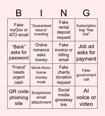 Anti-scam Bingo Card