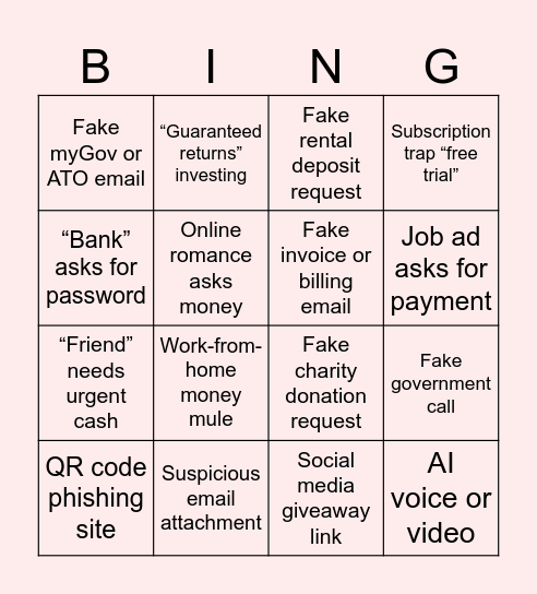 Anti-scam Bingo Card