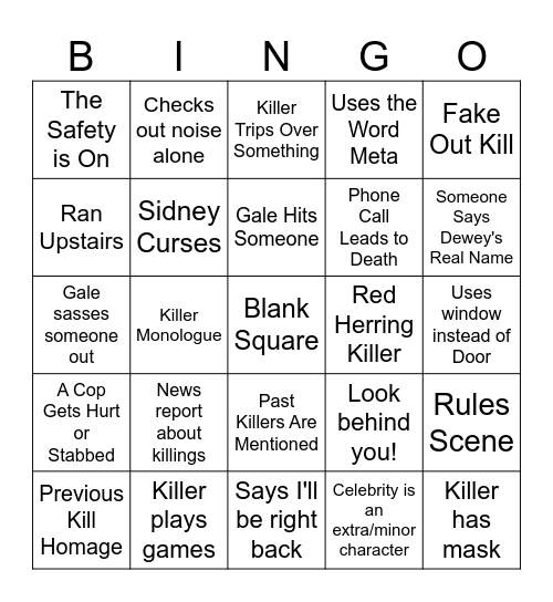 Scream Bingo Card