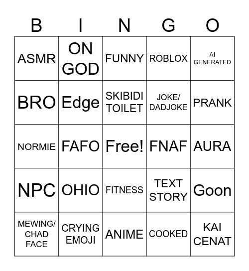 Brainrot Bingo Card