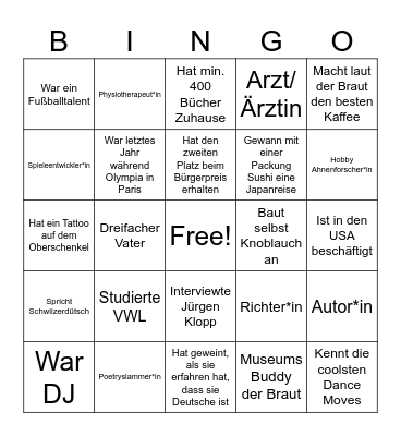 Schreib die Namen in die Kästchen Bingo Card