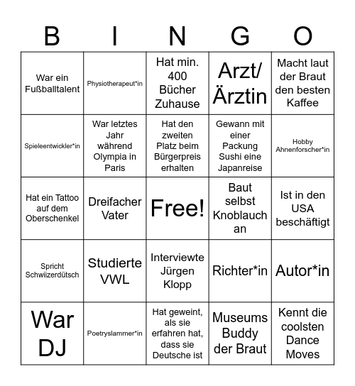 Schreib die Namen in die Kästchen Bingo Card