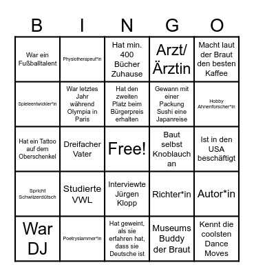 Schreib die Namen in die Kästchen Bingo Card
