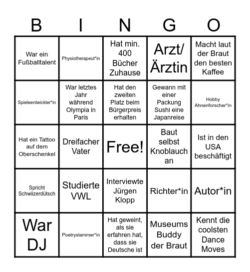 Schreib die Namen in die Kästchen Bingo Card