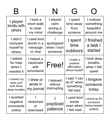 MENTAL WELLNESS BINGO Card