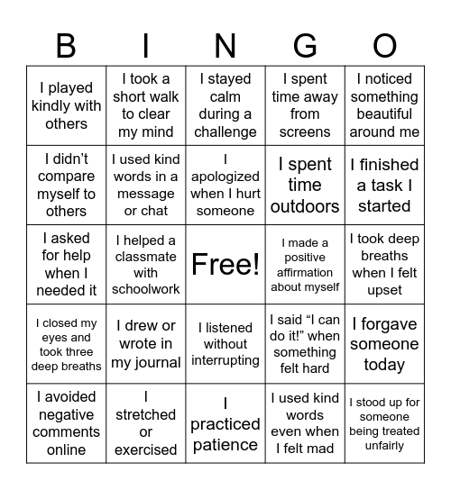 MENTAL WELLNESS BINGO Card