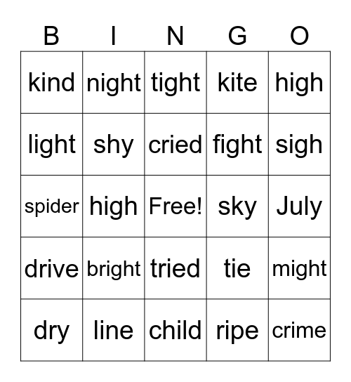 Long i Vowel Teams Bingo Card
