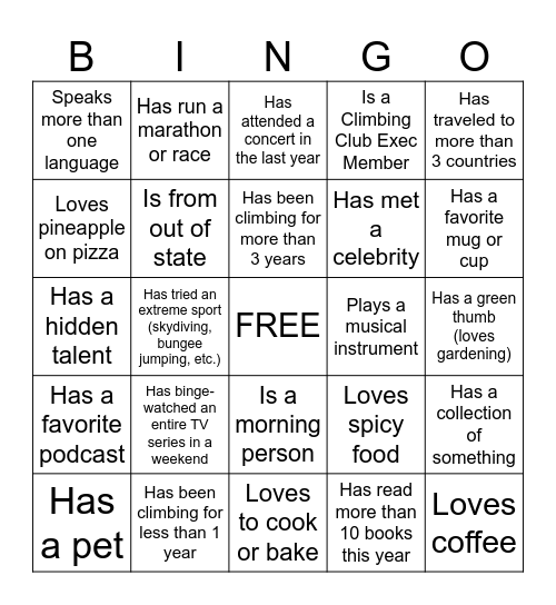Climbing Club Find someone who... Bingo Card