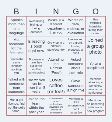 Staff Retreat Bingo Card
