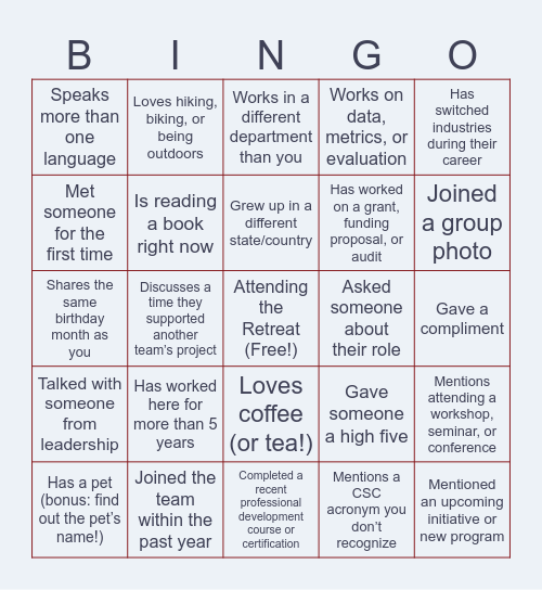 Staff Retreat Bingo Card