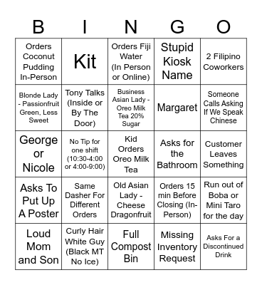 Tea Hut Bingo Card