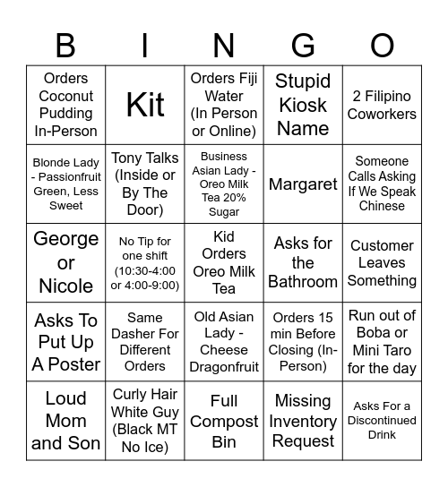 Tea Hut Bingo Card
