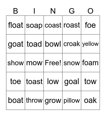 Long "o" Bingo Card