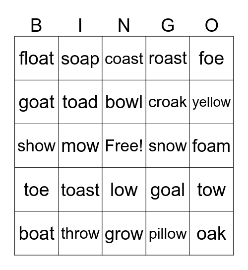Long "o" Bingo Card